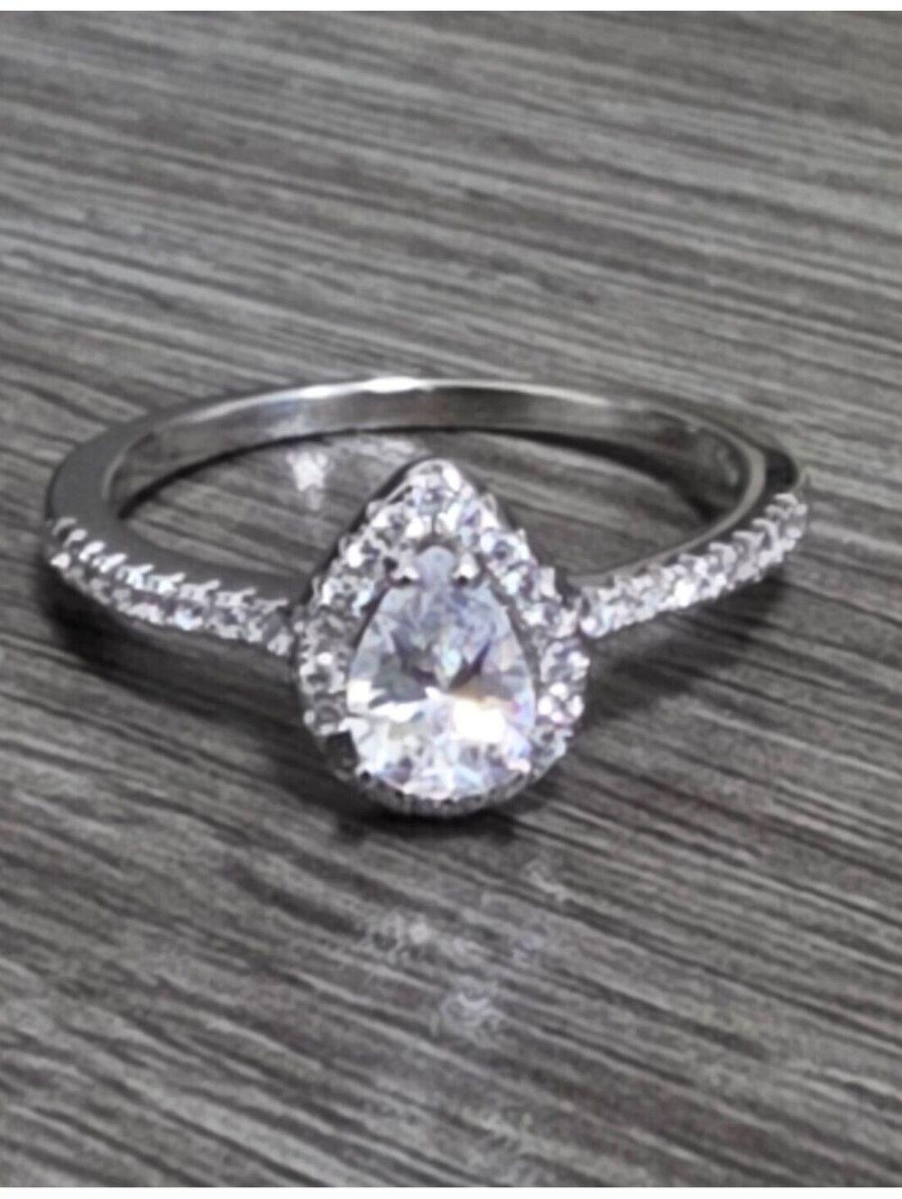 925 Stamped Pear Halo CZ Promise Ring Pave Band - Size 8